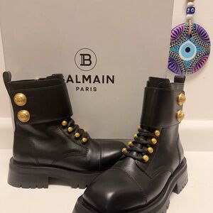 NIB Balmain Black Combat Boots with Gold Accents 38 (7.5-8)